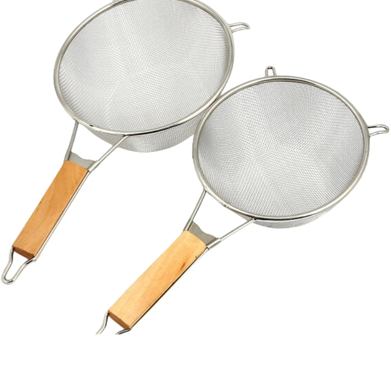 Kitchen Metal Strainers Colanders Stainless Steel Fine Mesh Strainer With Wooden Handle For Food Noodle Fruits And Vegetables