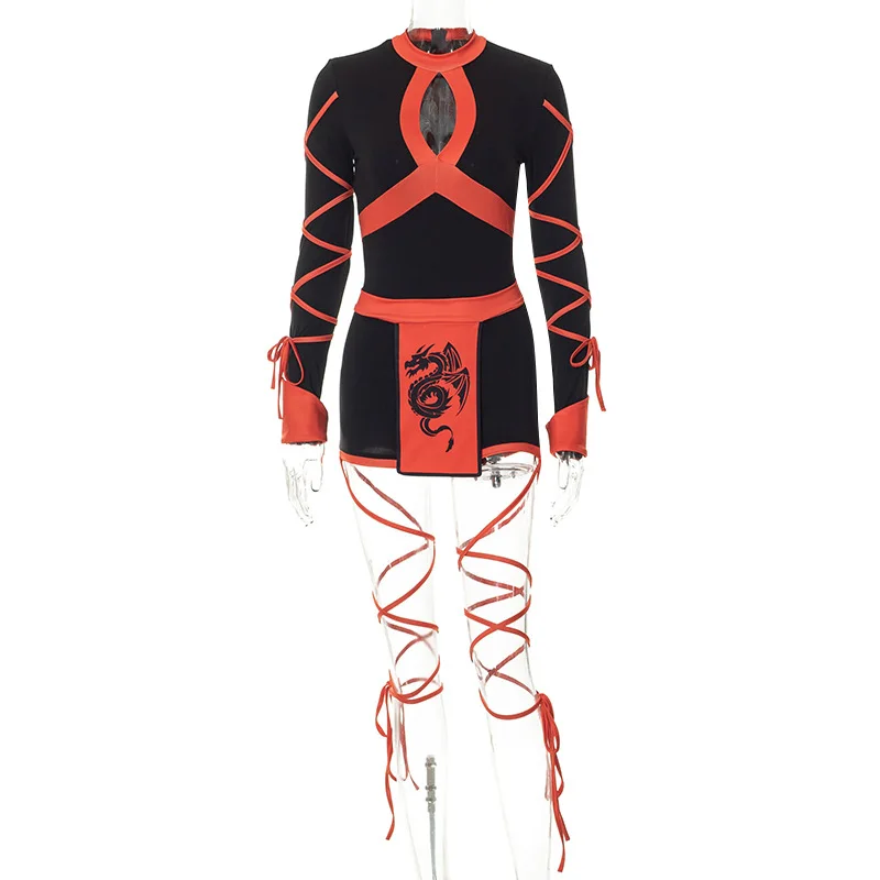 Unique Halloween Costume Jumpsuit Red Bodycon With Dragon Belt One Piece Short Bandage Jumpsuit