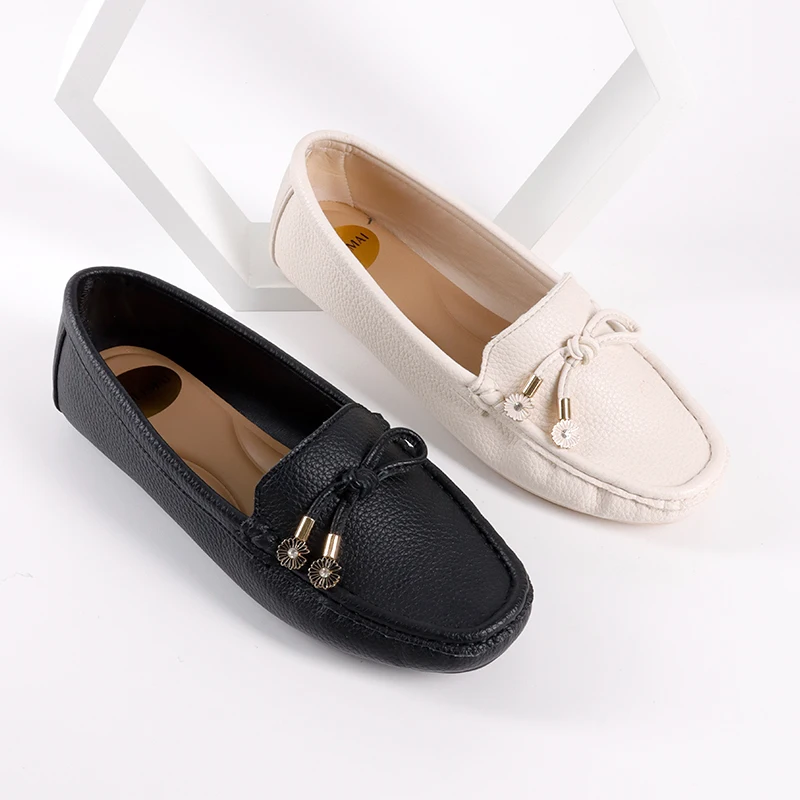 Litchi Embossed Leather Loafer Flower Ornament Shoes Women Nude Round Toe Ballet Flats Ladies Comfortable Casual Close Shoes