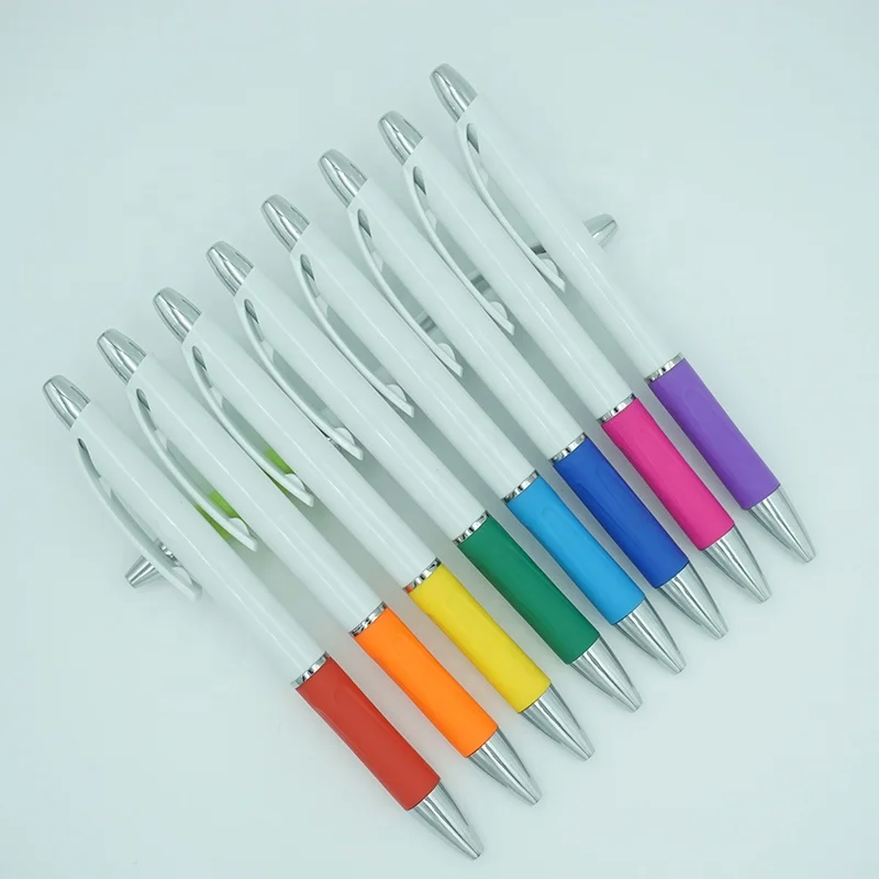 Simple design school stationery supplies logo printing solid white blank plastic ball pen with colorful rubber grip