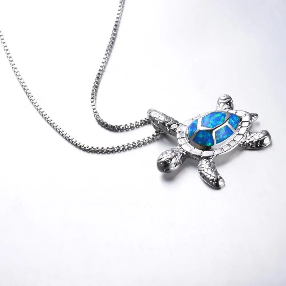 Wholesale 925 sterling silver blue fire opal necklace cute turtle pendant necklace