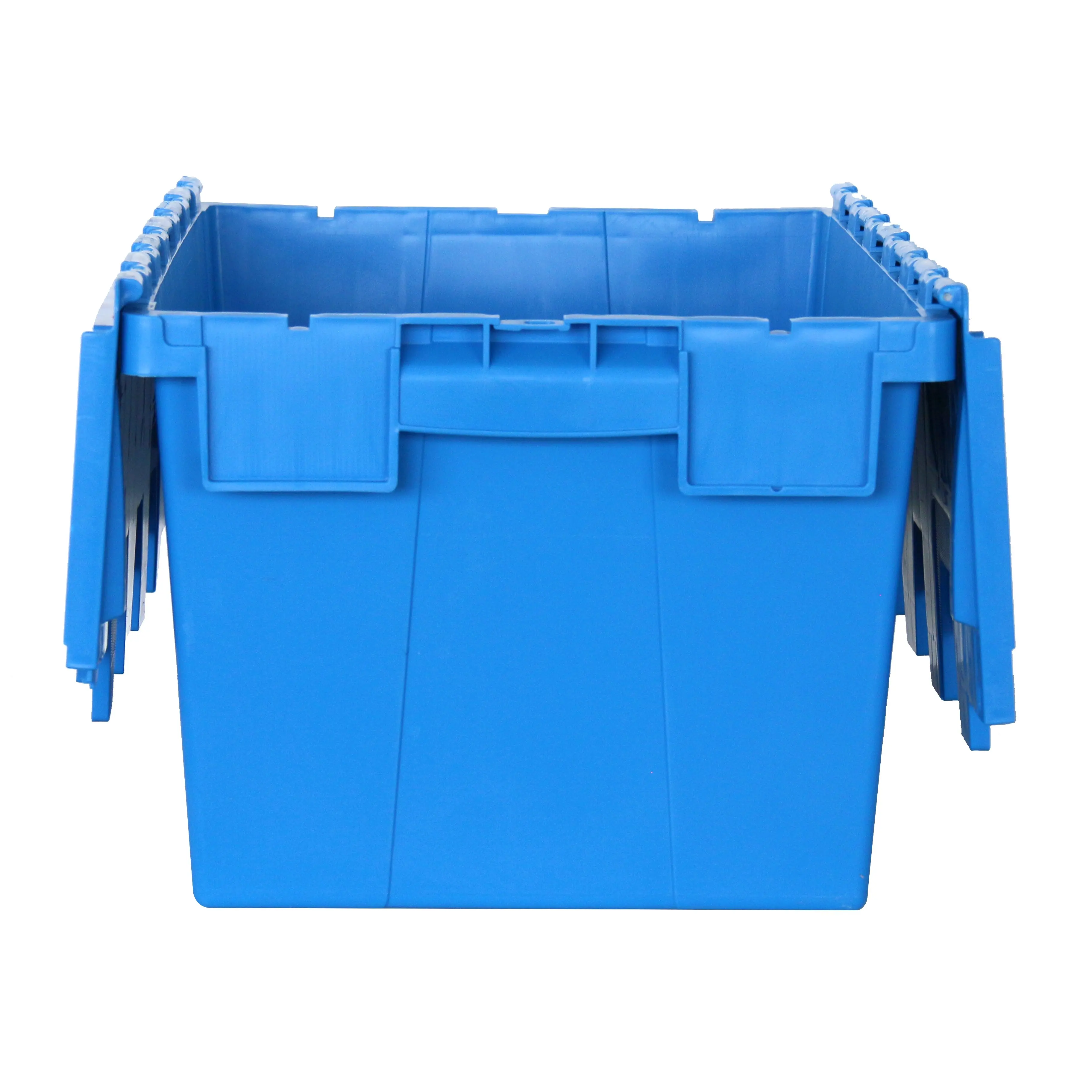 Factory supply reasonable price 56L stack & nest solid plastic storage crate heavy duty moving totes with lid