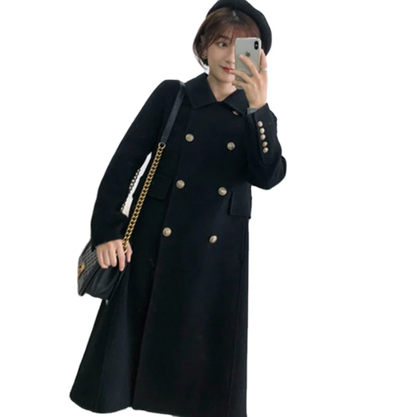 Holltoll 2021 Fashion Winter Women Elegant Streetwear Slim Trench Coat Woolen Long Clothing Woman Wool & Blends Regular Sleeve