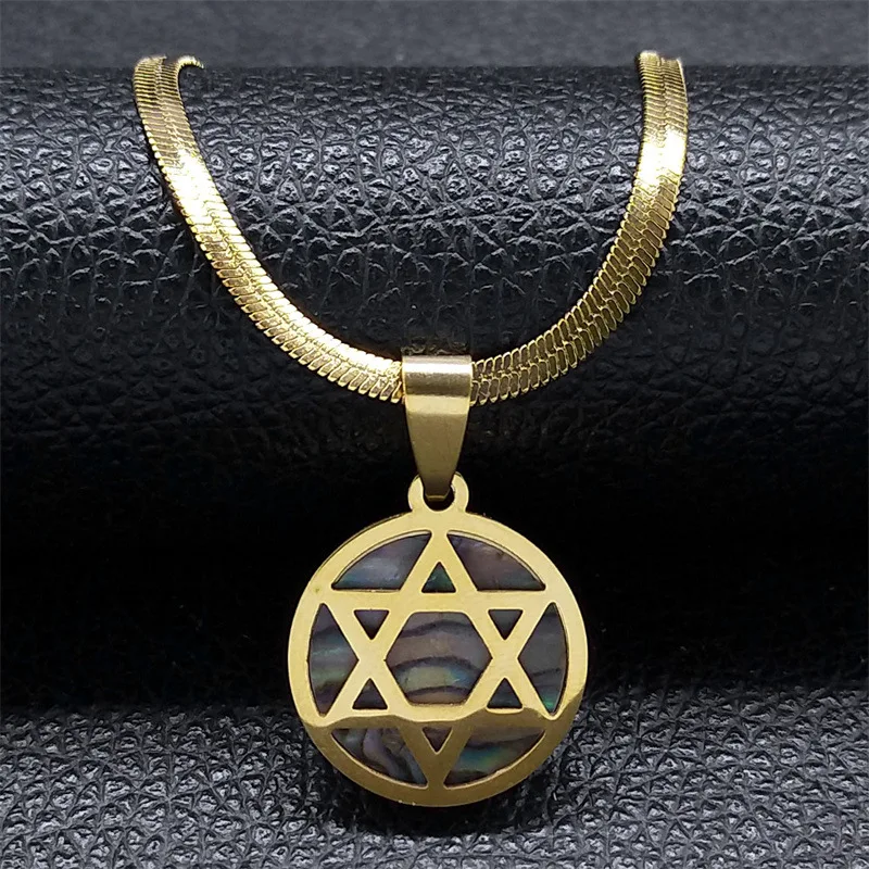 Stainless Steel Gold Plated Shell Round David Star Jewish Star Pendant Necklaces Religious Star Of David Necklace For Men Boys