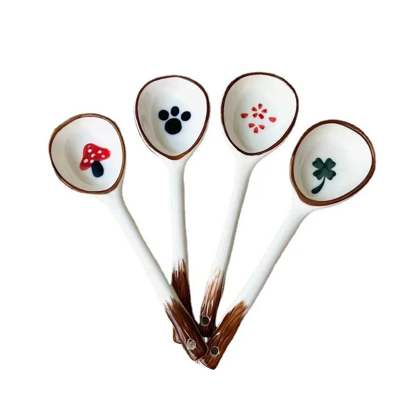 Handmade Retro Ceramic Soup Spoon Cute Personality with Simple Long Handle High Value Dinnerware for Household Use