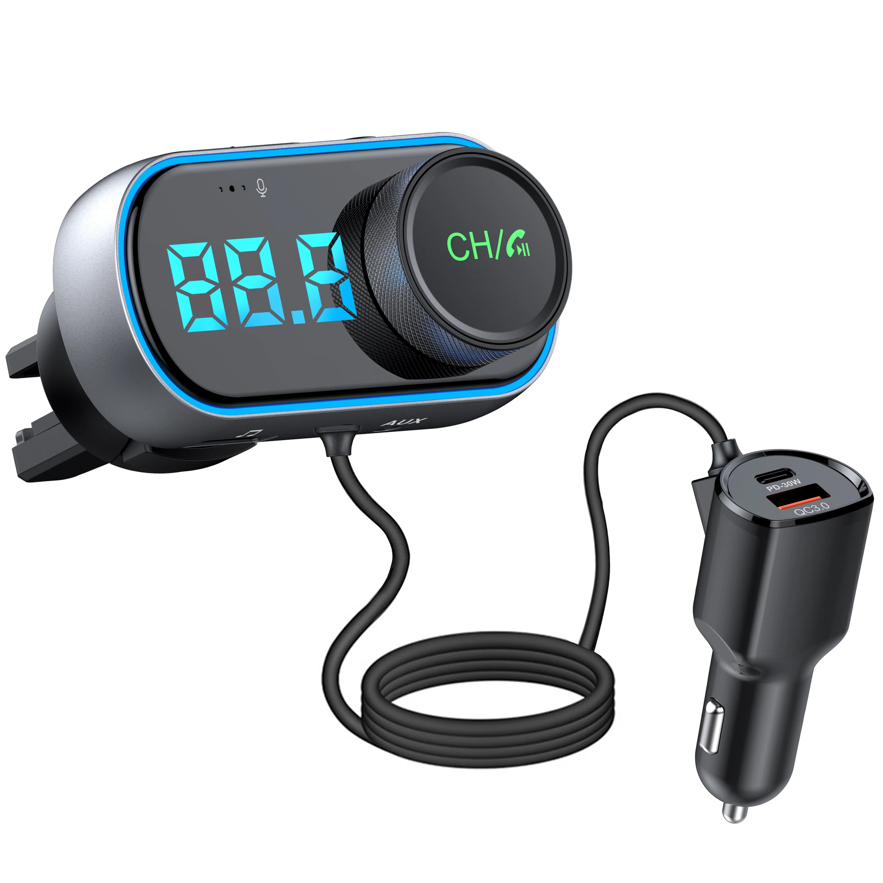 AGETUNR T78 car mp3 player 18W QC3.0+20W PD Fast Charge 7 lights audio FM Transmitter and receiver AUX out Bass EQ Activate Siri