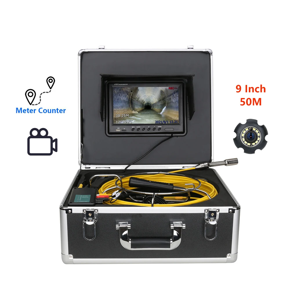 9 Inch 50M Cable with Meter Counter Sewer Pipe Inspection Camera Drain Sewer Pipeline Industrial Endoscope DVR Video Recording