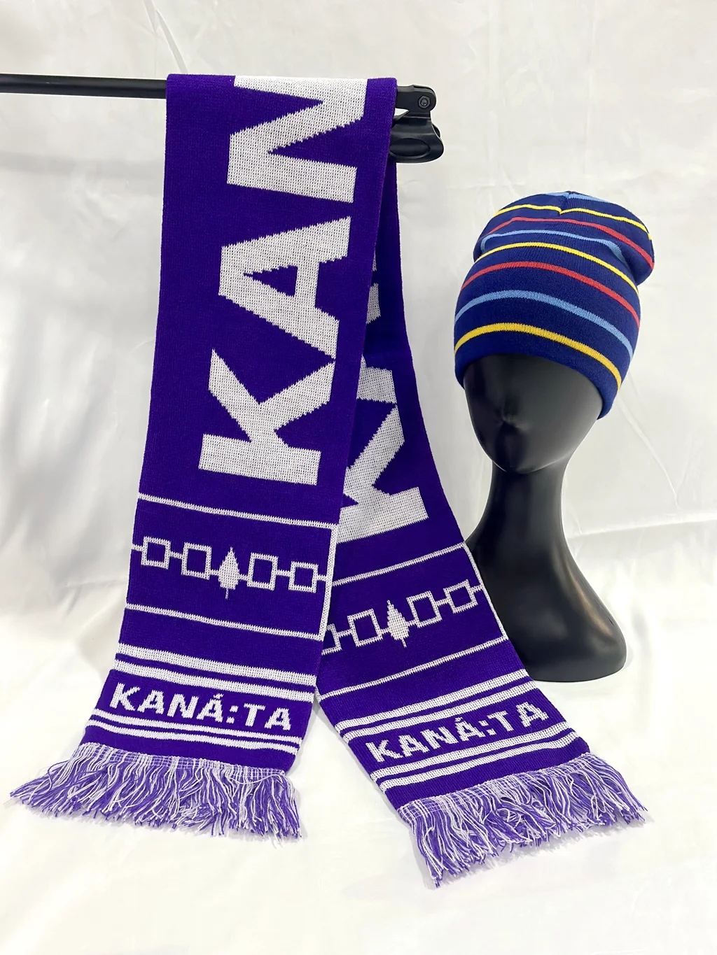 Weather forecast company emblem and character avatar knitted jacquard acrylic beanie hat and muffler  scarf