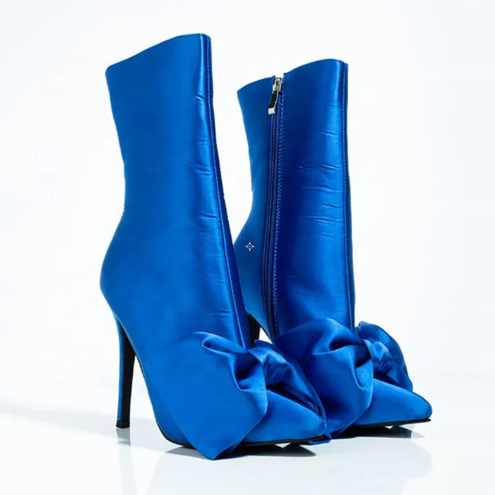 Elegant Blue Women Half Knee High Boots Comfy Silk Stain Upper Thin High Heel Mid Calf Boots Pointy Toe Bow-tie Women Shoes