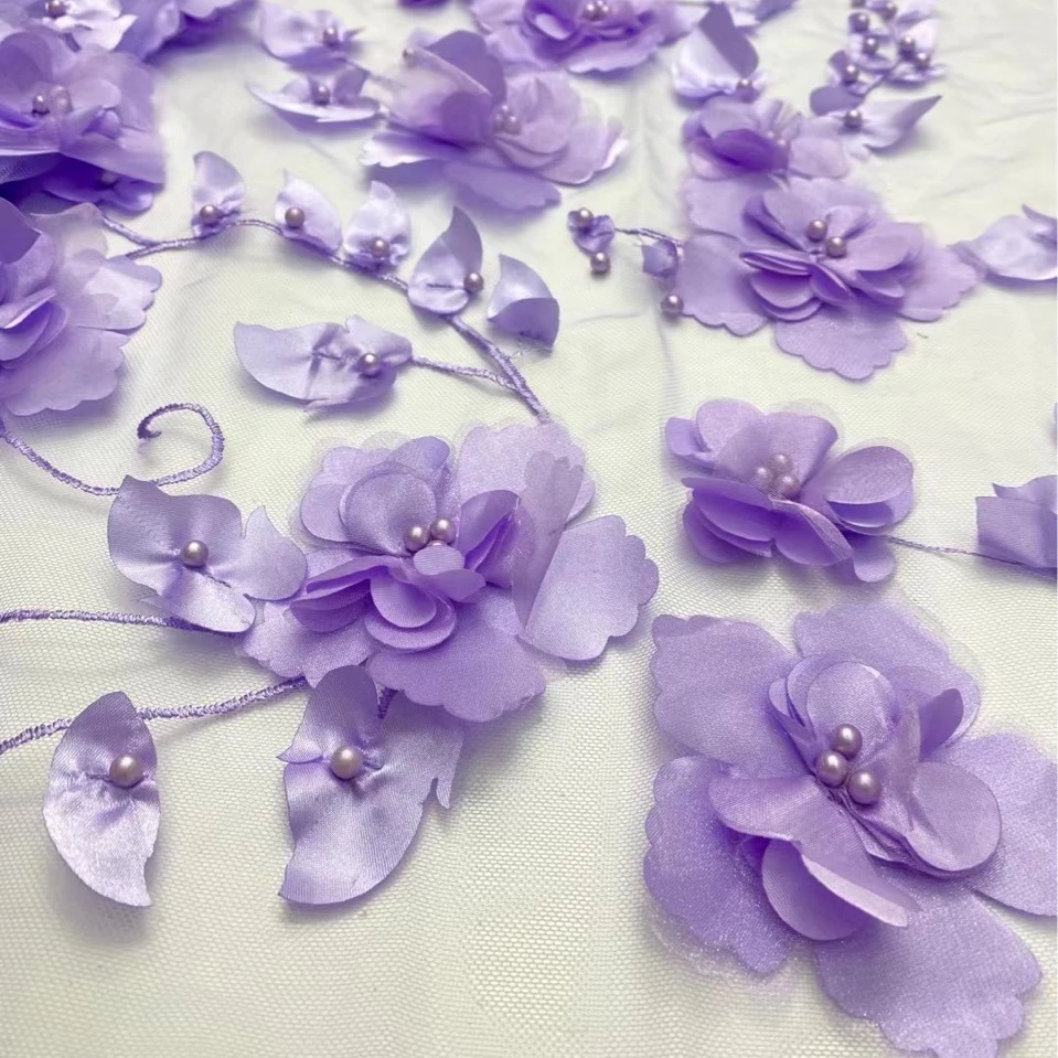 Tulle Mesh Polyester 3D Rose Flower Beading Dress Lace Fabric