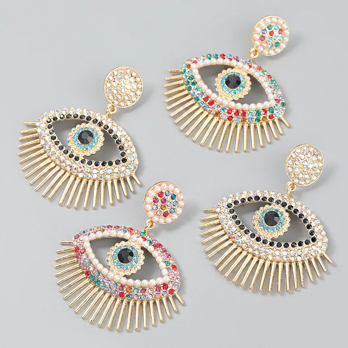 Exaggerated Retro Party Earrings in Europe and America Fashion Colored Diamond Alloy Set with Pearl Eyes Earrings for Women