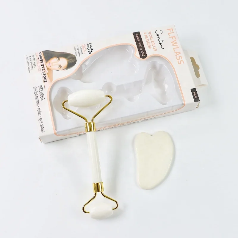 Xiuyan White Jade Roller and Gua Sha Set - Natural Skin Care Tools, Face Massager for Face, Neck and Eye Treatment.