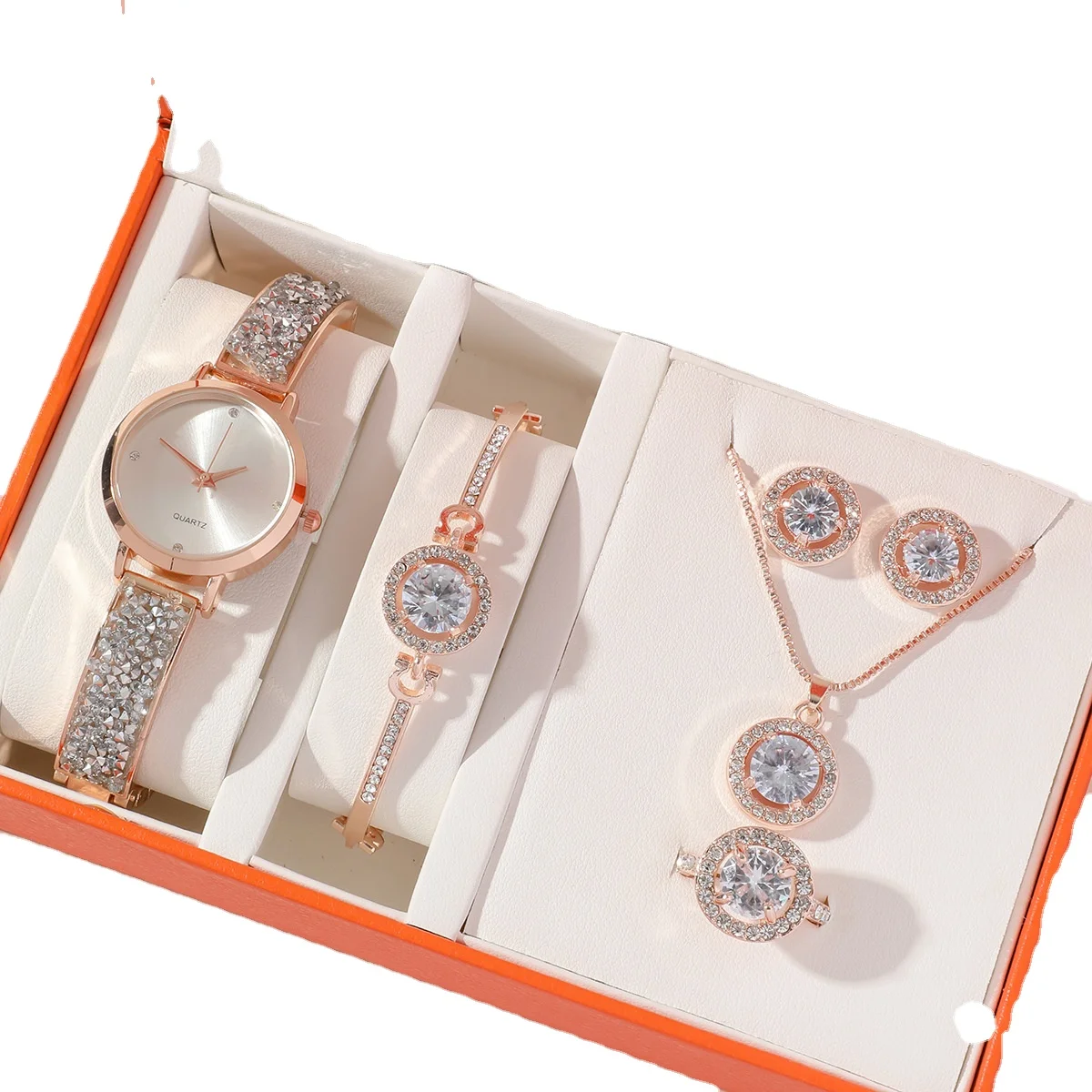 2024 Luxury Women Watches Crystal Bracelet Stud Earring Necklace Set Ladies Watch Casual Quartz Wristwatch Set
