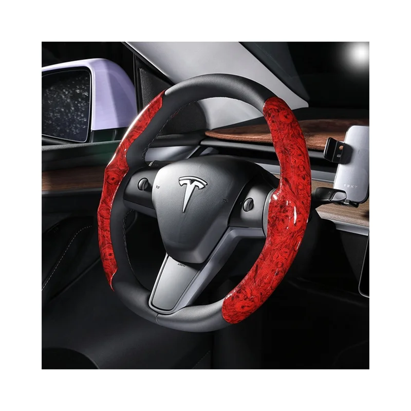 Luxury classic peach wood grain leather steering wheel covers for tesla model 3 y suede carbon fiber car handle case wholesale