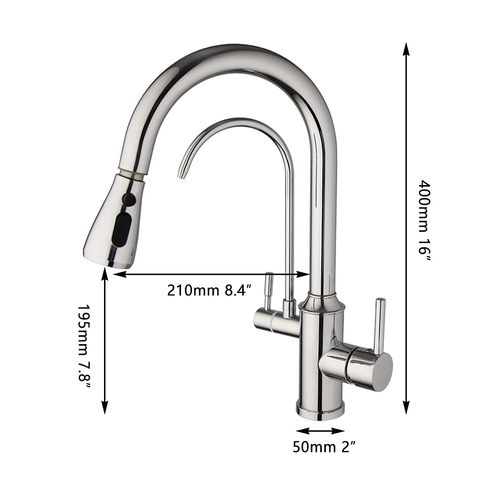 Silver Kitchen Water Purifier Faucet Double Handle Hot and Cold Mixer Taps Deck Mounted