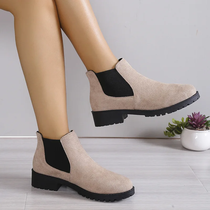 2024 Fall winter elegant suede comfy shoes chunky low Heel Classic simple design boots Women round Toe retro Ankle Boots