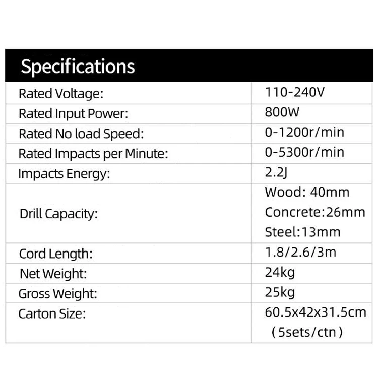 K-2601C stepless speed regulating multi functional four in one SDS Plus Electric power hammer drills