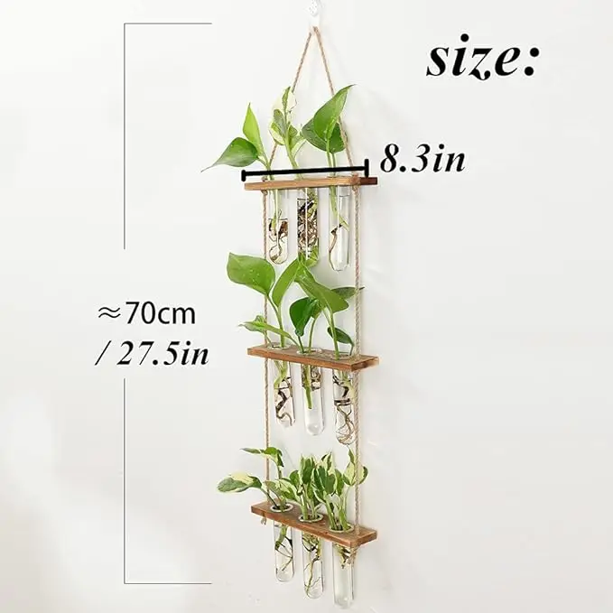 Hanging Propagation Station for Plants 3 Levels Wall Planter Glass Test Tube Vases for Flowers with Wooden Shelf