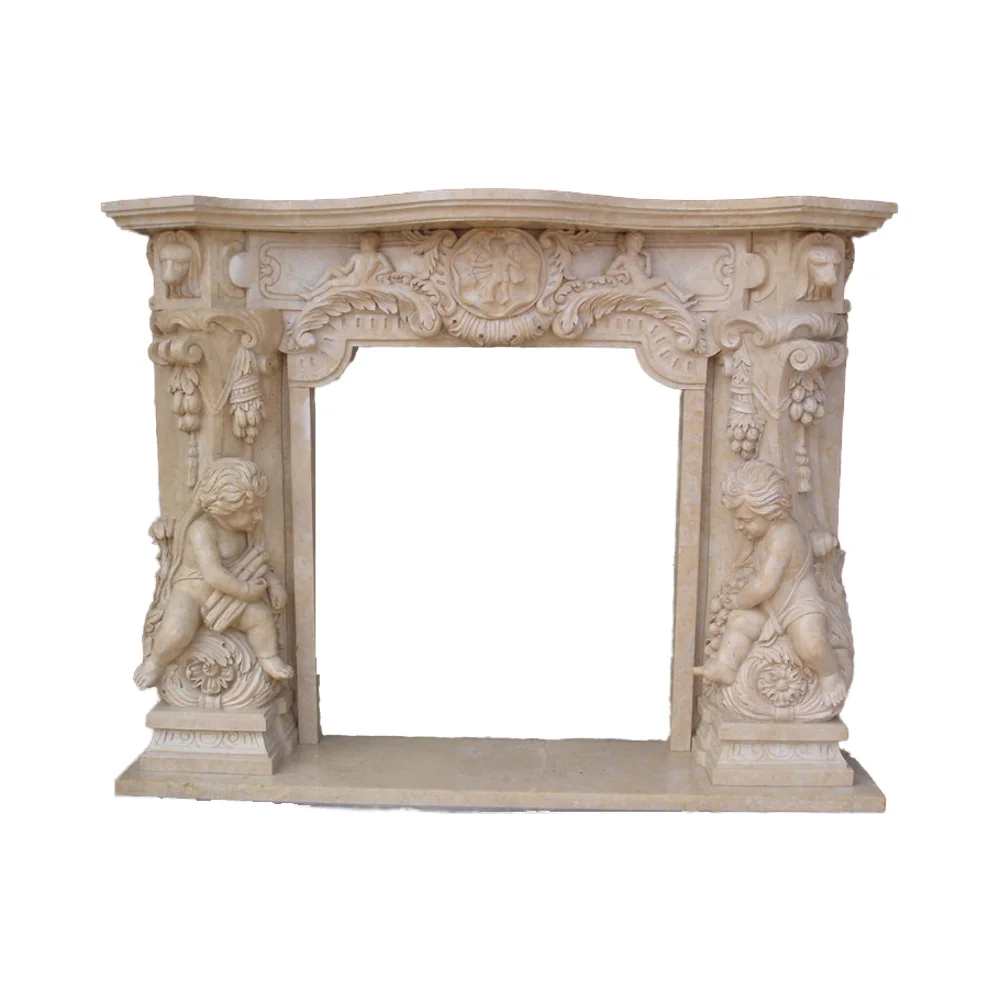 Hand Carving Customized Design Beige Marble Chimney Fireplace Mantel Surround