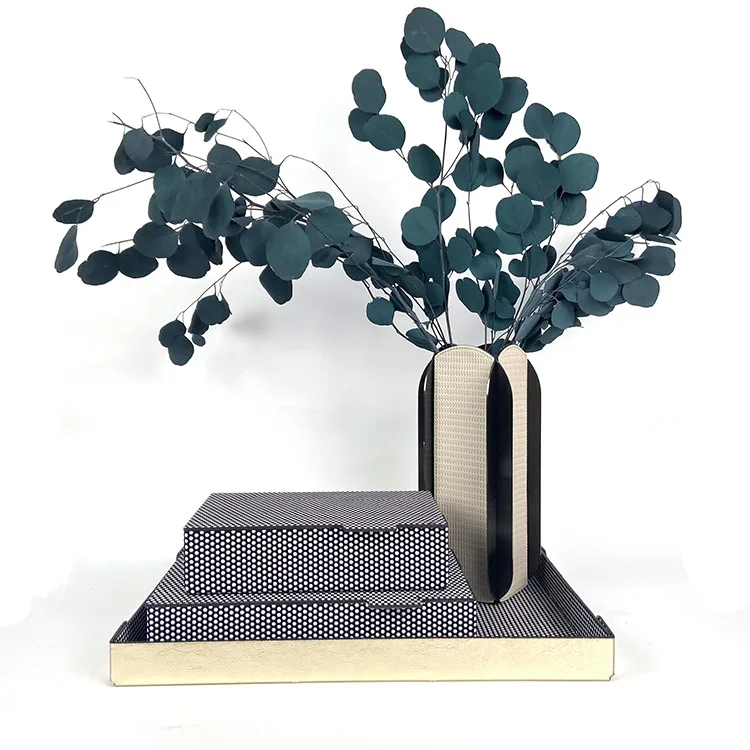 Modern Light Luxury Metallic Leather Creative Woven Pattern Tray Storage Box Model Room Bedroom Living Room Desktop Tissue Box