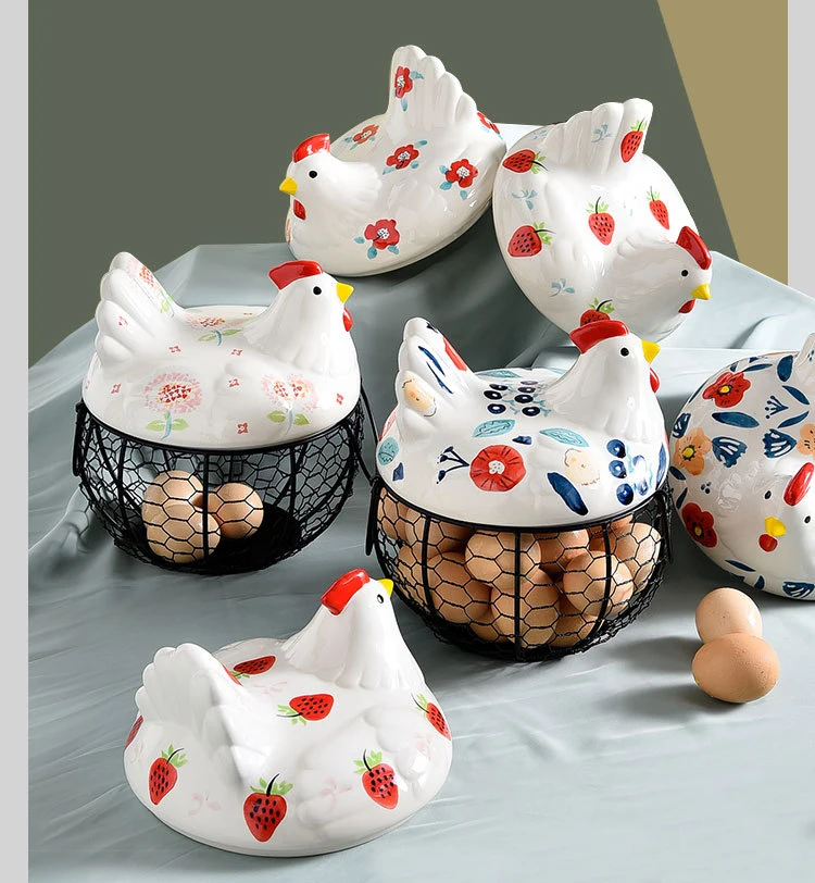 Chicken Egg Basket Collection Storage Organizer with Ceramic Lid for Gathering Fresh Eggs