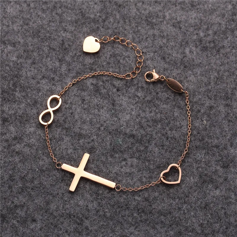 Stainless Steel Rose Gold Plated Bracelet OEM Customized Design Linked Heart Cross Infinity Love Faith Hope Bracelet