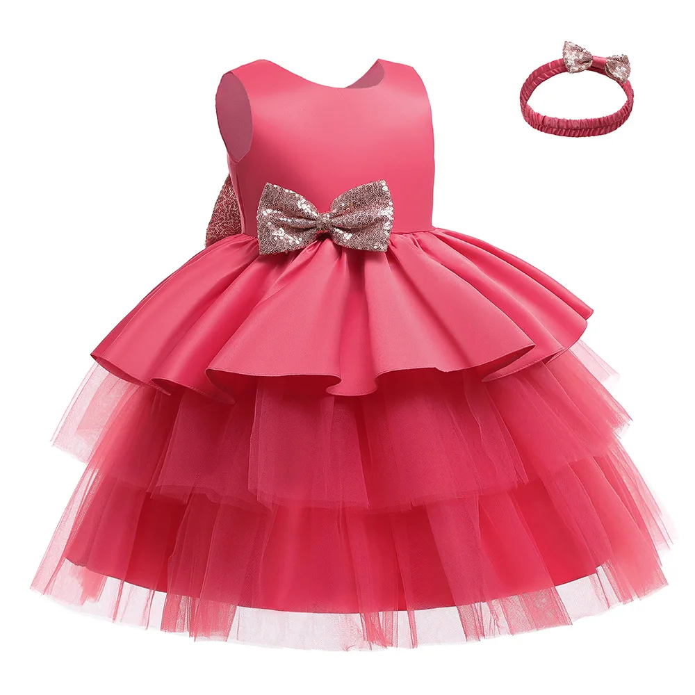 High quality  sequin bow backless baby girl birthday party dress baby pretty layered princess frock dress