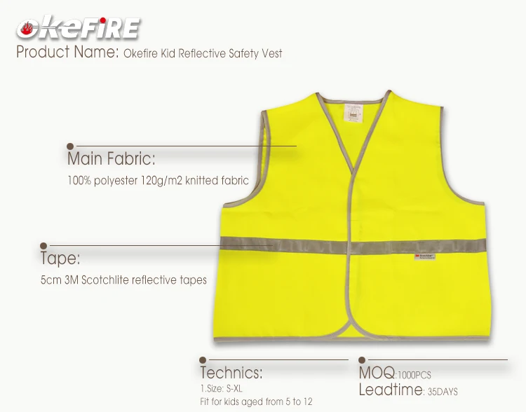 Okefire High Quality Yellow Printing Mesh Kid Reflective Working Safety Vest
