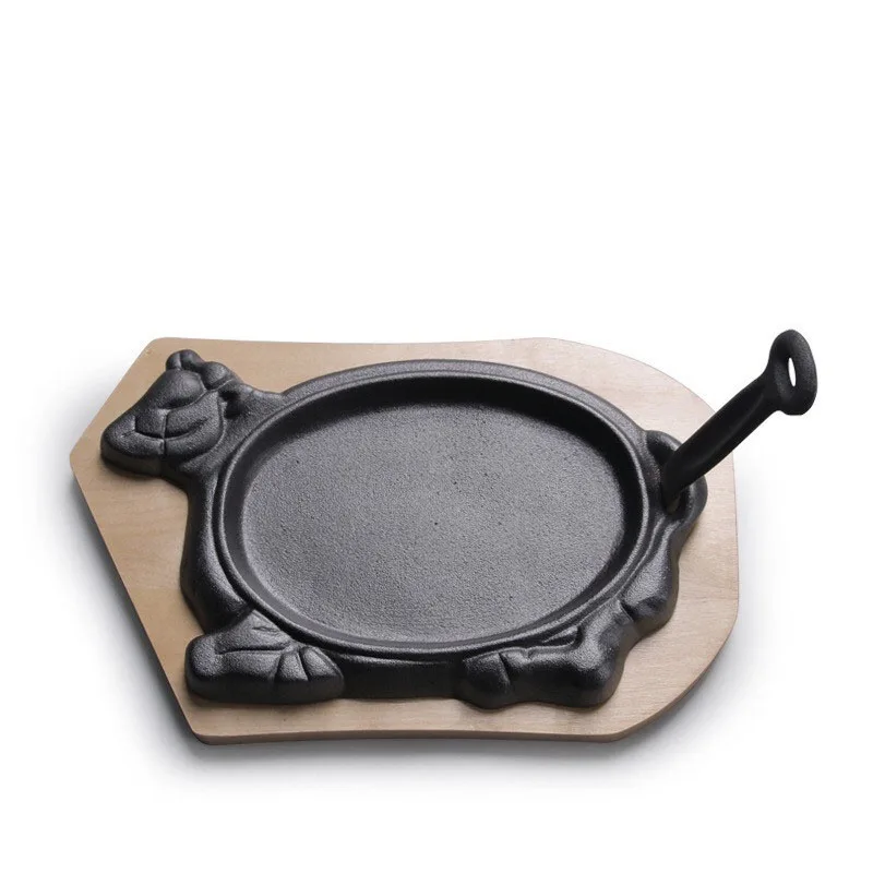 Cast Iron Steak Plate Sizzle with Wooden Tray Griddle Fajita Server