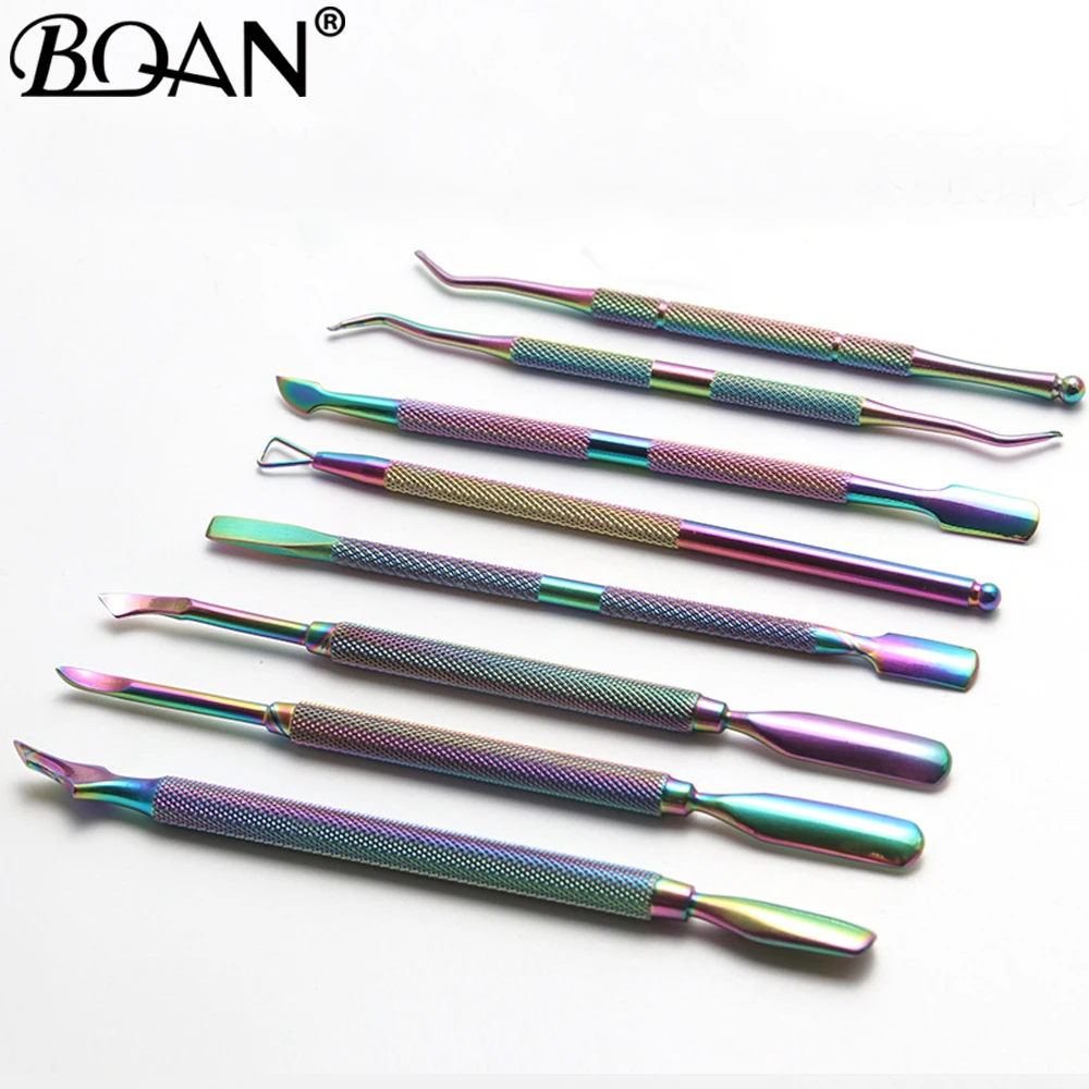 BQAN Rainbow Dual-ended Nail Cuticle Pusher Stainless Steel Dead Skin Push Remover Pedicure Cleaner Nail Art Tools