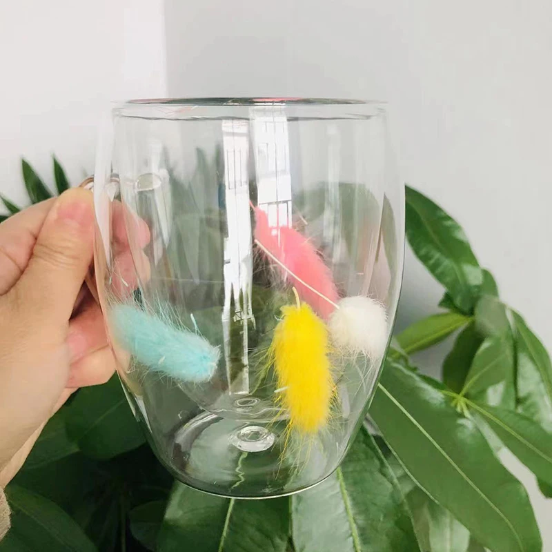 Custom Logo Heat Cold Resistant Borosilicate creative dry flower double wall glass mug cup
