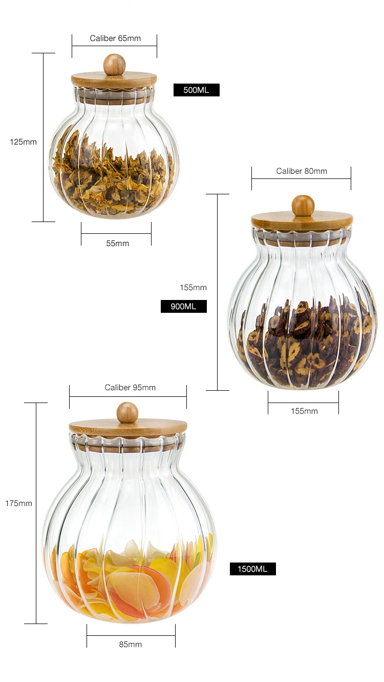 High borosilicate large glass pumpkin jars with bamboo wooden lids for kitchen