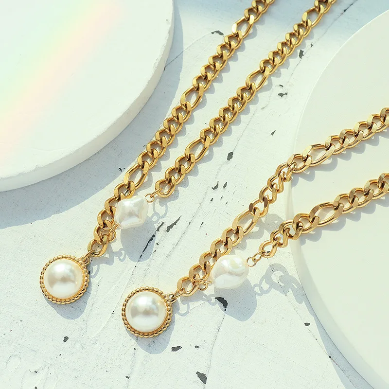 High Quality  Fashion Jewelry Pearl Pendants Chunky 18K Gold Plated  Stainless Steel Chokers Necklace For Women