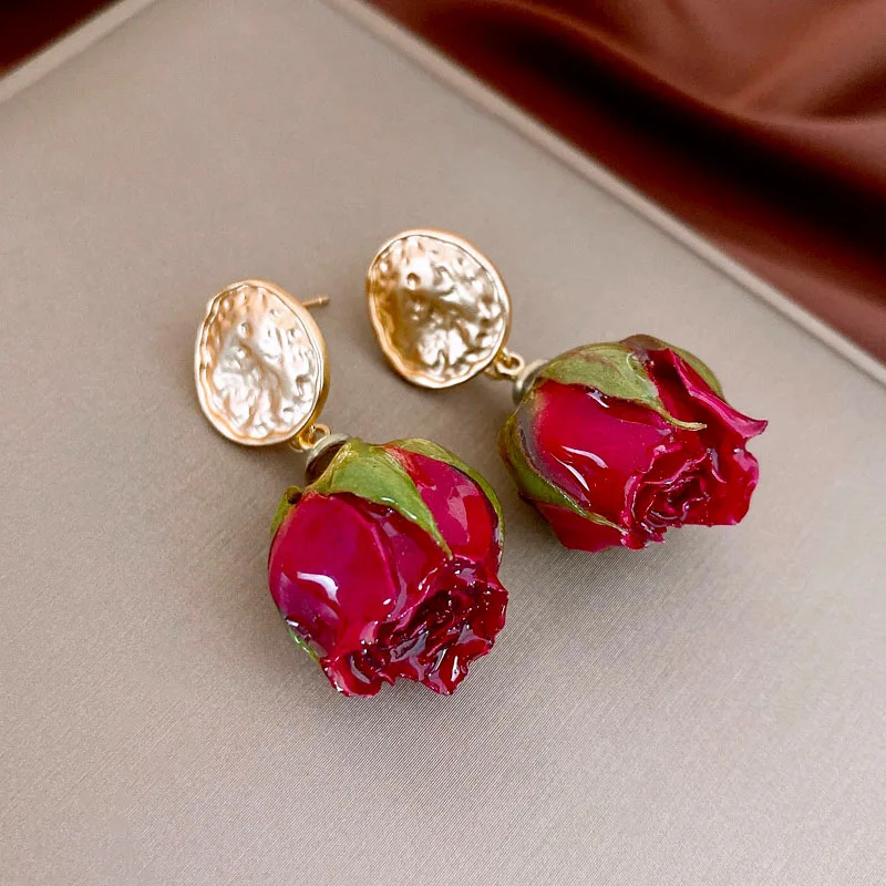 Titanium Steel Stainless Dried Rose Real Flower Ear Stud Necklace Suit Princess Style Clavicle Chain Temperament Elegant