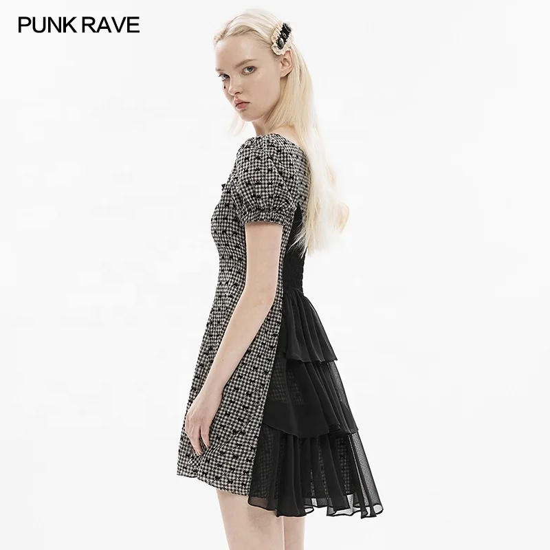 PUNK RAVE OPQ-1229LQF summer A line bubble short sleeves winged translucent chiffon elastic band princess cute plaid dress
