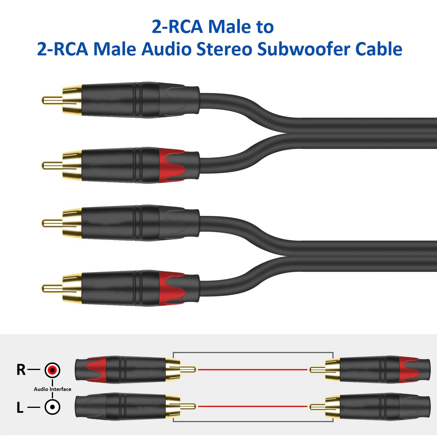 24K Gold plated 2RCA to 2RCA audio cable copper male to male/female support customized metal shell