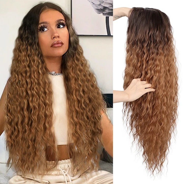 High Quality Hot Sale Cheap Nature Ombre Brown Long  Extension Wig Front Lace Kinky Curly Wave Synthetic Hair Wigs  Braiding