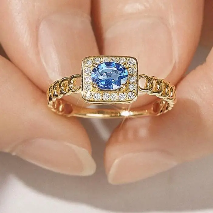 14K gold Sapphire gemstone Ring Personality band  AU585 diamond ring Fashion wedding ring