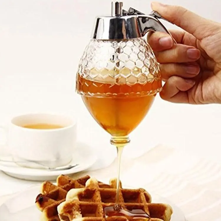 Wholesale Glass Honey Dispenser Jar Baking Syrup Honey Dispenser with Storage Stand Stainless Steel and Chrome-Plated ABS Design