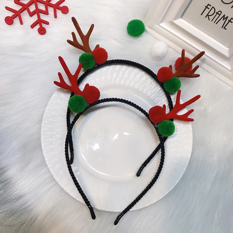 Christmas Super Cute Girl Three-color Small Antler Hair Clips And Headband With Red Green Hairballs