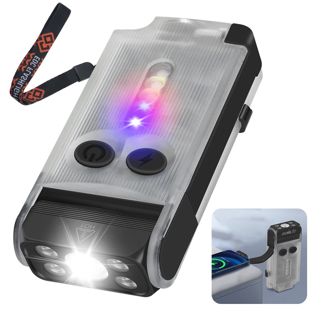 Boruit v30 keychain edc led flashlight head swivel 2000mah battery power bank fluorescent flashlight with UV light