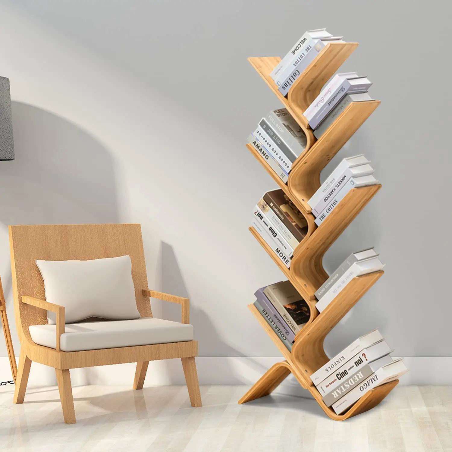 8-story bamboo tree modern bookshelf, creative curved standing bookshelf shelf, book storage organizer shelf, display floor book