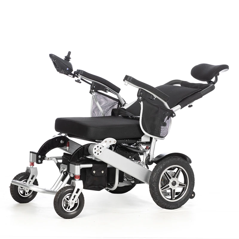 Silver Aluminum Foldable Reclining Electric Wheelchair 18Inch Seat  500w Motor Power Chair 4 Solid Wheels Automatic Wheelchair