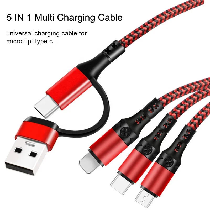 2021 New The Best Nylon Braided 1.2M 5 IN 1 Fast Charge Multi USB Charger Charging Cable For iPhone Android Phone Tablet