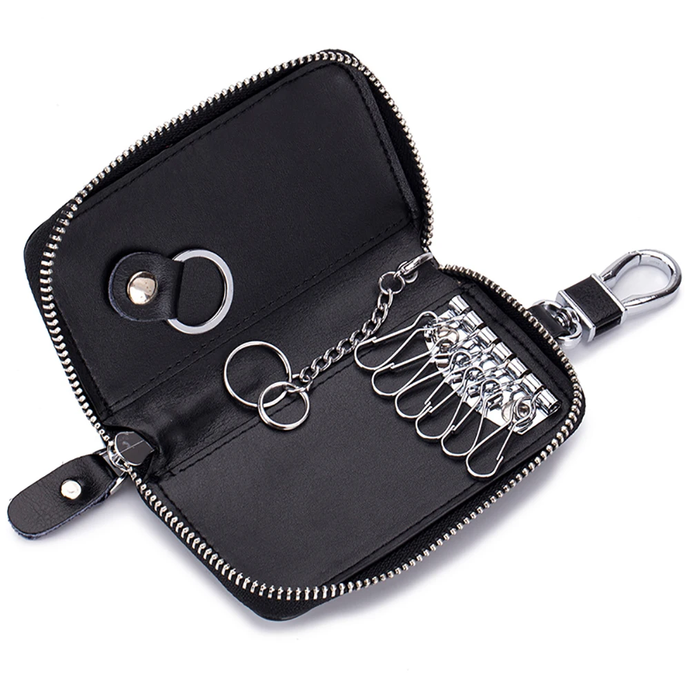 Functional unisex zipper leather key holder bag car key wallet case for men women