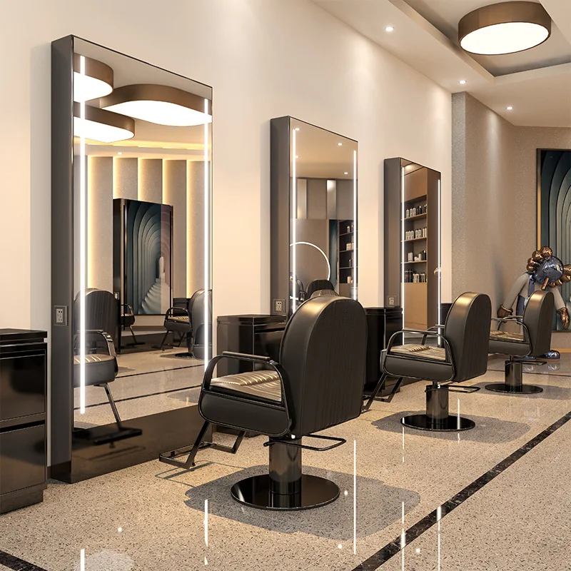 Горячая Распродажа индивидуальная Парикмахерская станция двустороннее зеркало салон со светодиодной