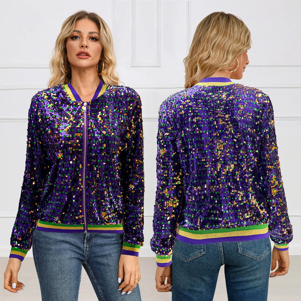 Mardi Gras Womens Sequin Jacket Long Sleeve Zipper Coats Shiny Glitter Sparkly Bomber Jackets Fahion 2025 Clothes Clubwear