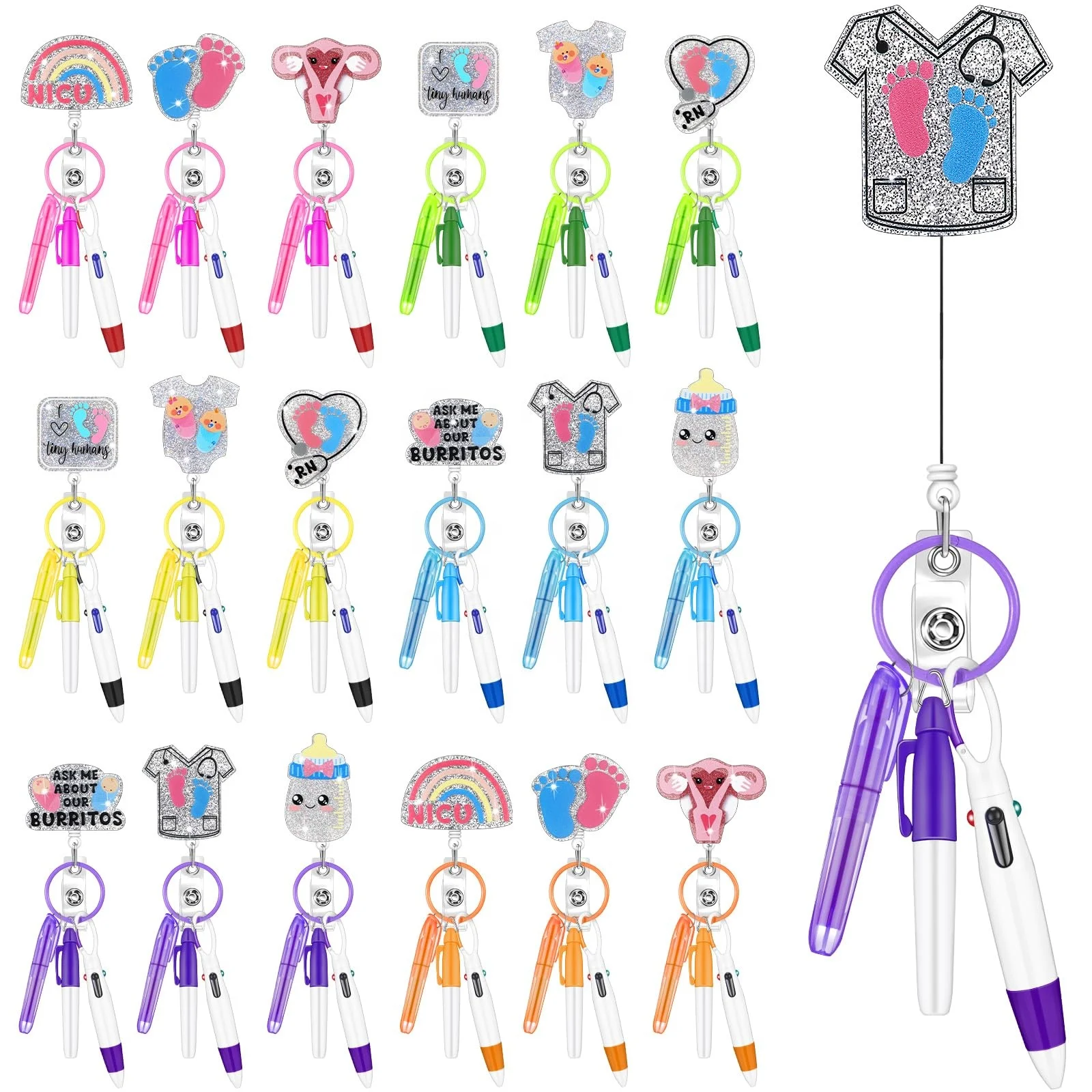 Nurse Badge Reel Accessories Nurse Pen Set Highlighter Marker Pen Ballpoint Pen Key Ring Badge Clip for Nurse Students Teacher