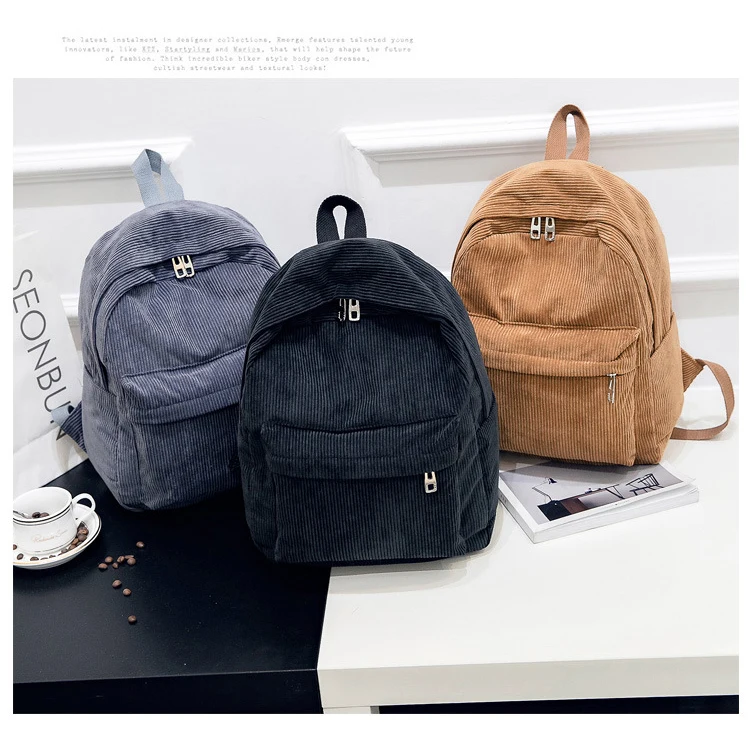 Fabric School Backpack Stripe Girls Casual Daily Bag Corduroy Backpack Bag Wholesale Teenagers Fashion Polyester Backpack