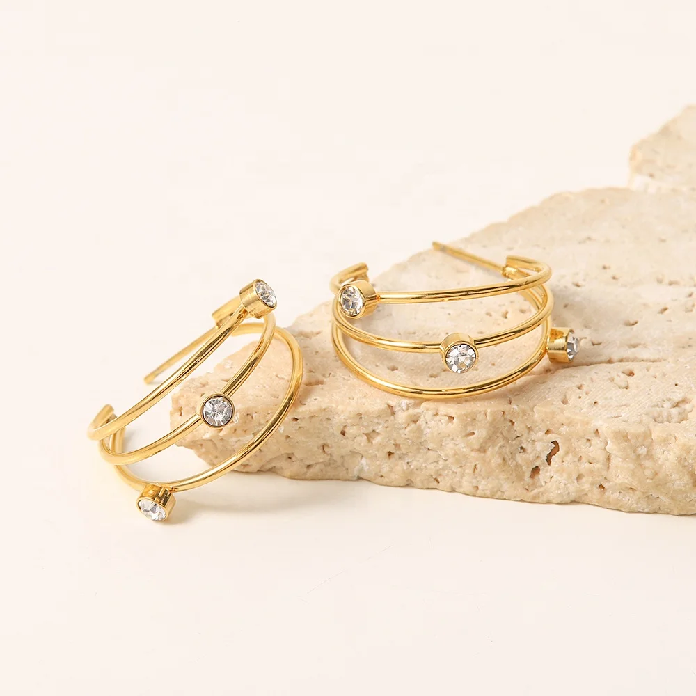 Suyan Jewelry Factory Price  3 Layer Smooth Shiny CZ Stone Cubic Zircon 18k Gold Plated Stainless Steel Hoop Earrings Women
